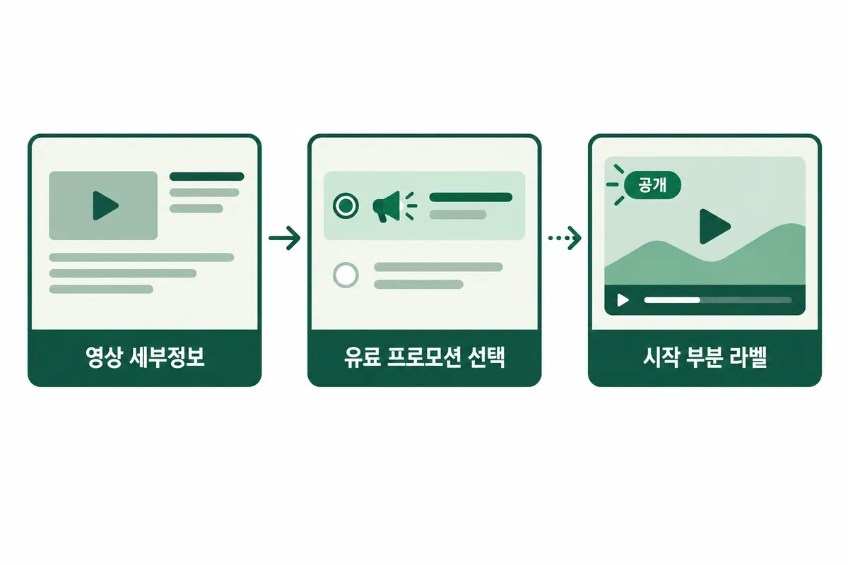 영상 세부정보에서 유료 프로모션을 선택하면 영상 시작 부분에 공개 라벨이 표시되는 구조를 보여주는 설명용 도식