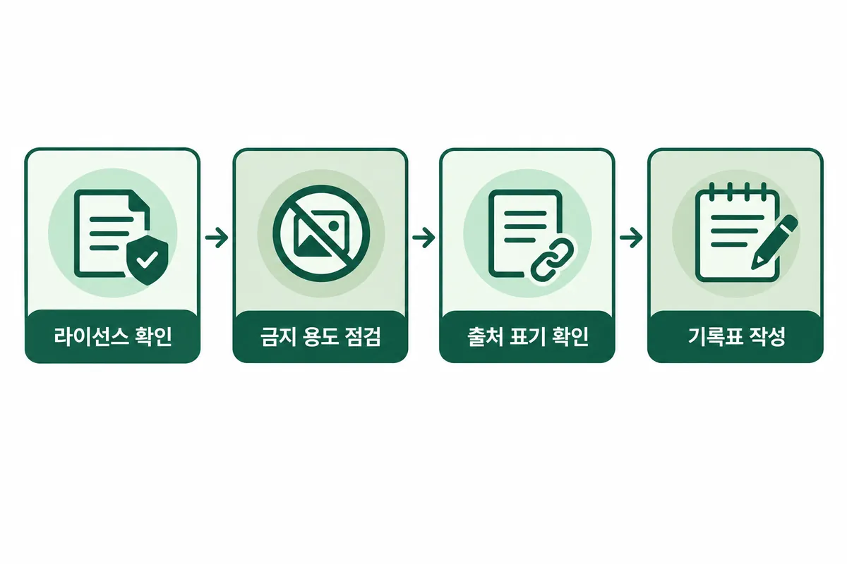 이미지를 내려받기 전에 라이선스 확인, 금지 용도 점검, 기록 남기기로 이어지는 순서를 보여주는 설명용 도식