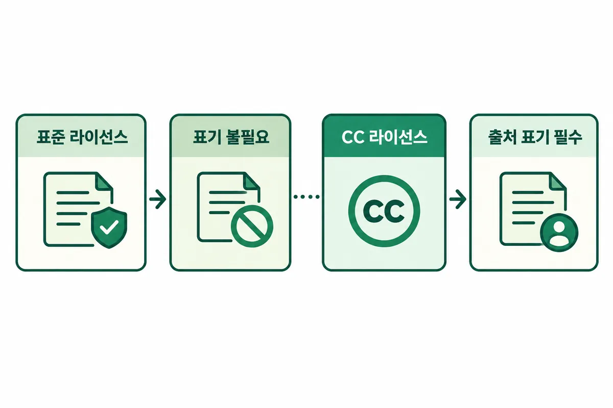 표준 라이선스와 Creative Commons 라이선스의 출처 표기 의무 차이를 보여주는 설명용 도식