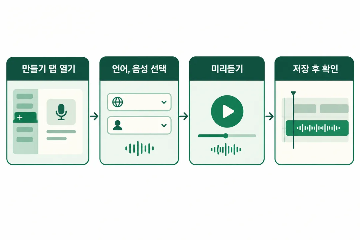 record & create 탭에서 text to speech를 열어 언어와 음성을 고르고 저장하면 타임라인에 오디오 트랙이 추가되는 순서 도식(설명용 도식)