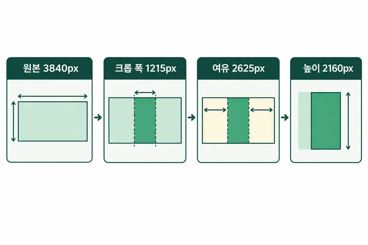 가로 4K 원본에서 9:16 세로 크롭 영역이 차지하는 폭과 좌우 이동 여유를 보여주는 설명용 도식