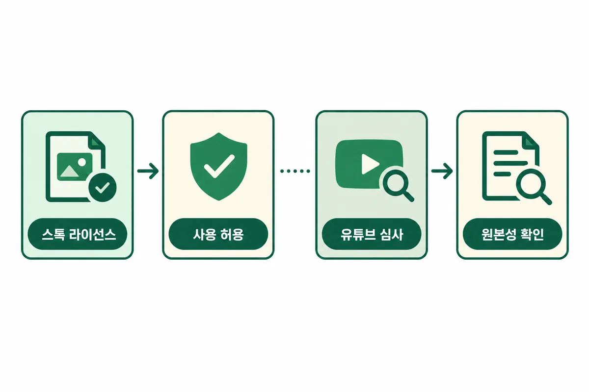 스톡 라이선스의 사용 허용과 유튜브 수익화 심사가 별개 단계로 진행되는 구조를 보여주는 설명용 도식