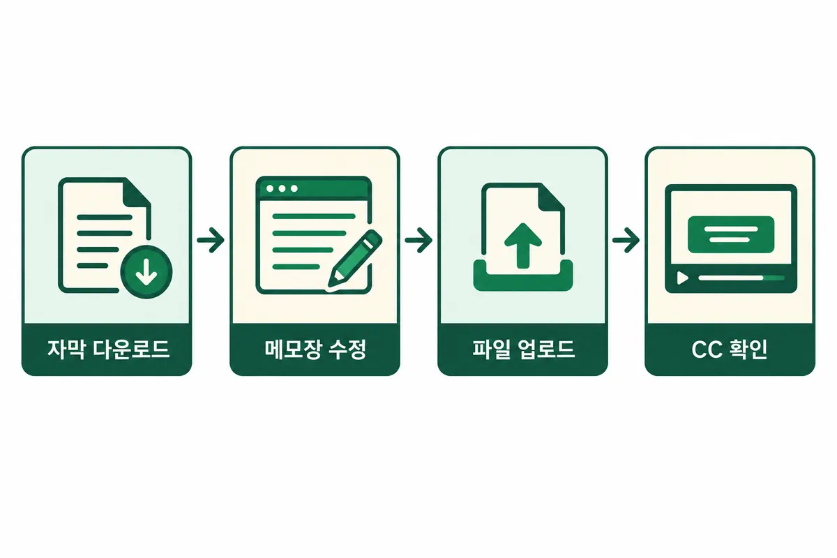 자막 파일을 내려받아 메모장으로 고치고 다시 올려 CC로 확인하는 흐름을 보여주는 설명용 도식