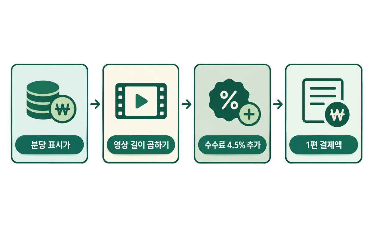 분당 표시가에 영상 길이를 곱하고 수수료를 더해 1편 결제액을 구하는 순서 도식