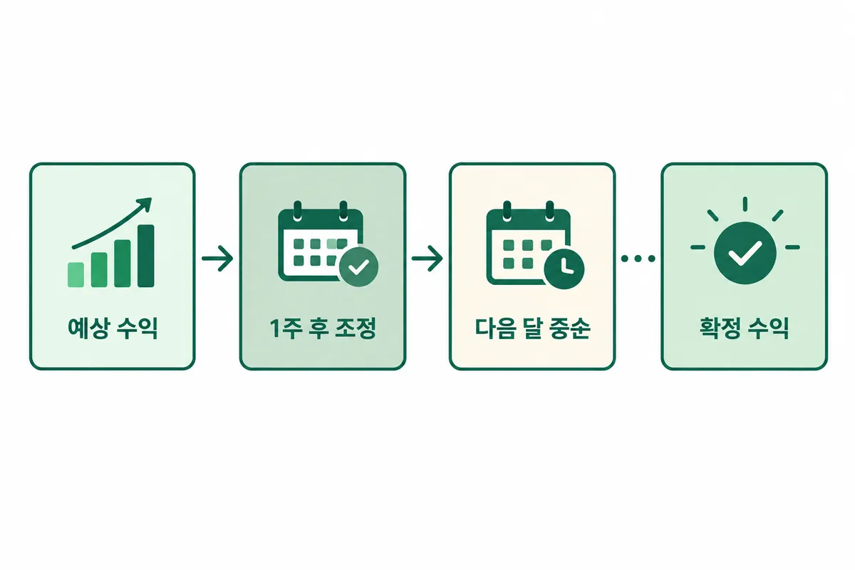 Analytics의 예상 수익이 두 차례 조정을 거쳐 AdSense의 확정 수익이 되는 순서 도식