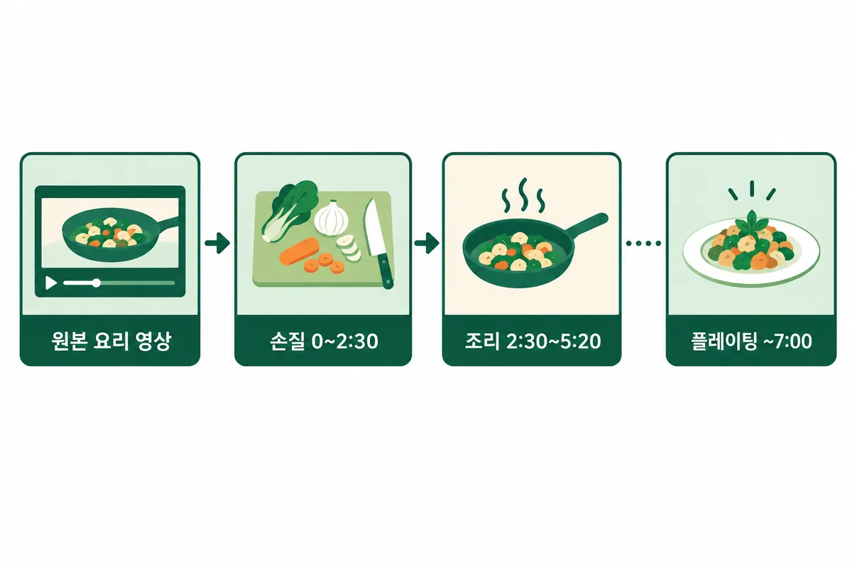 가정한 15분 요리 영상을 3분 이내 쇼츠 3편으로 나누는 구간 배분 구조