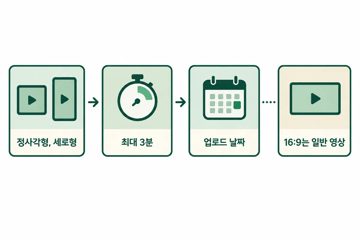 Shorts 분류가 화면비, 길이, 업로드 시점 세 조건으로 판정되는 순서를 보여주는 설명용 도식입니다.