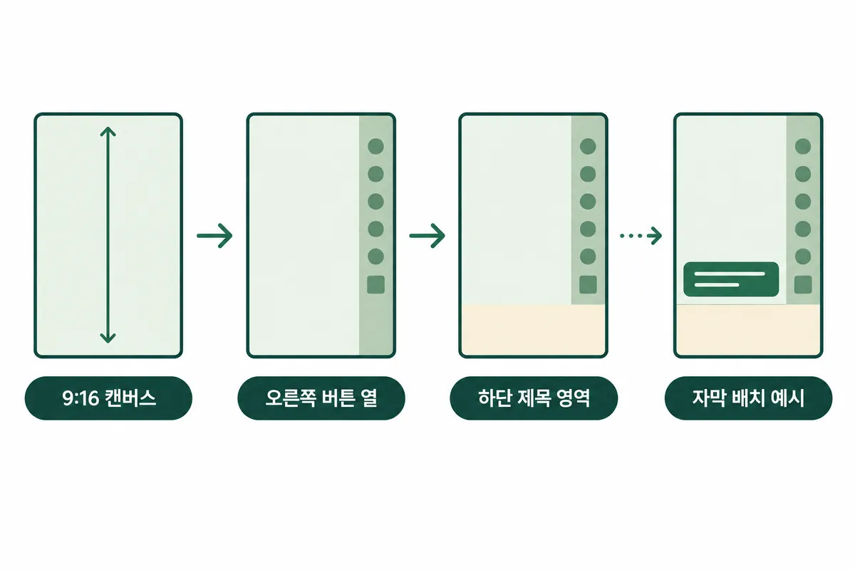 9:16 세로 캔버스에서 오른쪽 버튼 열과 하단 제목 영역을 피해 자막을 두는 구조를 보여주는 설명용 도식