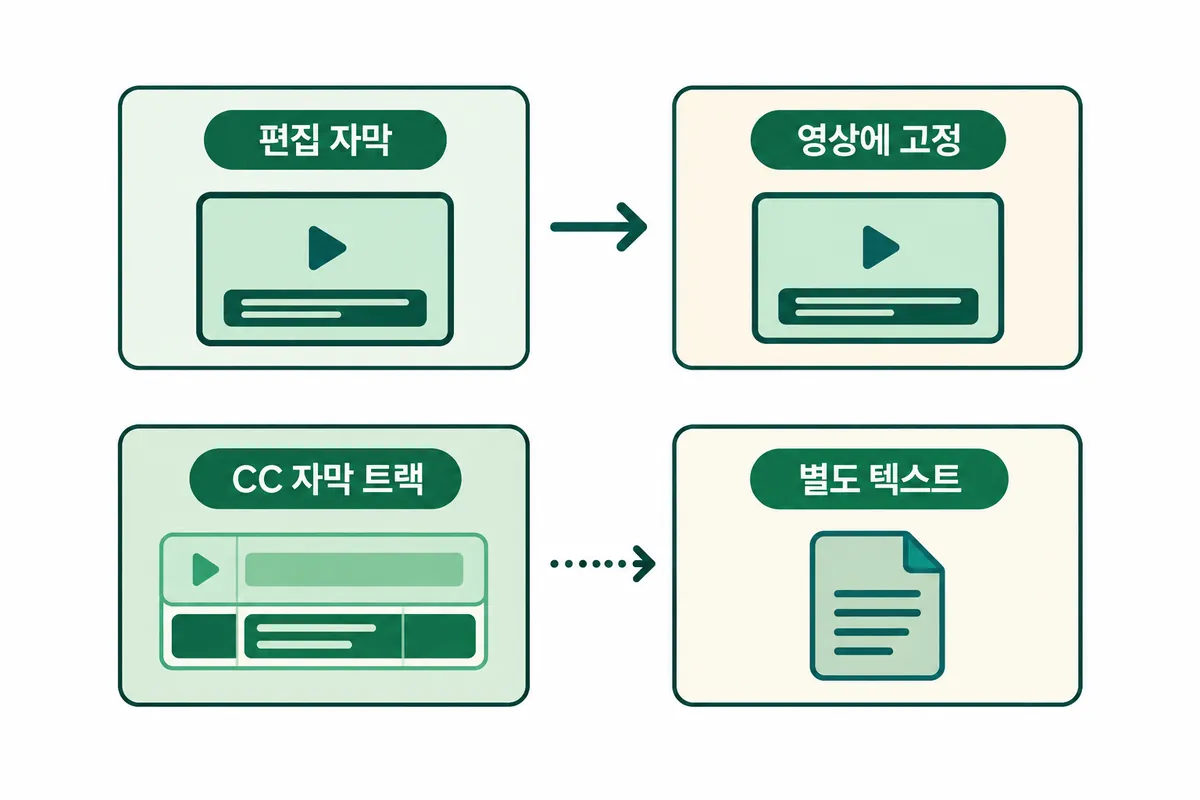 영상에 고정되는 편집 자막과 별도 텍스트로 올리는 CC 자막 트랙의 구조 차이를 나란히 보여주는 설명용 도식