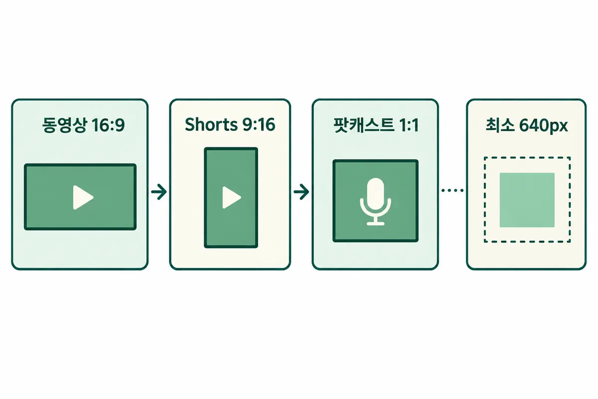 동영상 가로 16:9, Shorts 세로 9:16, 팟캐스트 정사각 1:1 캔버스 방향과 최소 크기를 비교하는 설명용 도식